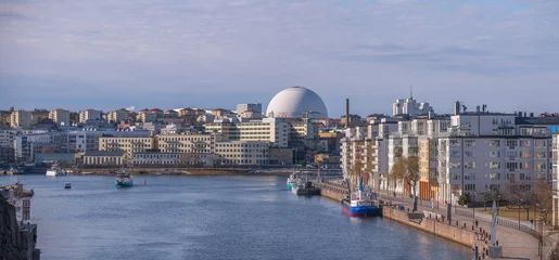 Möbelaufkleber Panorama view over the district Hammarby sjö with apartments, boats and the Globen, Avicii, arena a sunny spring morning in Stockholm © Hans Baath
