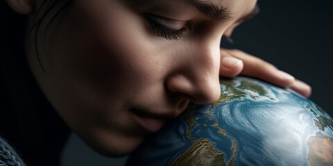 Photograph of a woman holding earth globe model - taking care of our planet metaphor, Generative AI