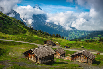 Fototapeta na wymiar Wooden farmhouses on the alpine green fields, Grindelwald, Switzerland