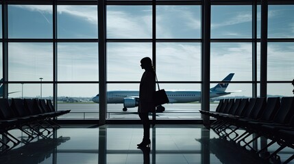 Fototapeta na wymiar Unrecognizable woman looking out at airport. Generative AI