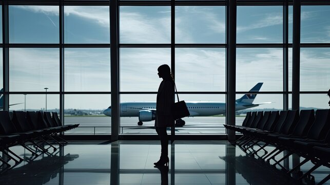 Unrecognizable woman looking out at airport. Generative AI