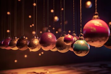 Christmas balls in warm tones, perfect for use in vibrant stage backgrounds, festive colors. Generative AI