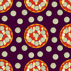 Pizza Seamless Pattern. Color illustration for food industry. Vector. 
