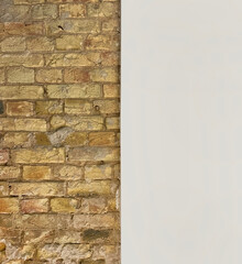 Two different walls. Antique classic brickwork and modern white stucco wall. Texture. Template or mock-up