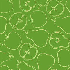 Seamless pattern with hand drawn fruits elements apple pear. Vegetarian wallpaper.