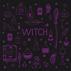 Witchcraft, magic background for witches and wizards. Hand drawn magic tools, concept of witchcraft.