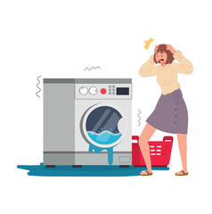 Woman and washer with leakage. Laundry equipment. Plumbing problem. Washing machine is broken. Flat vector illustration