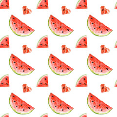Seamless pattern of watercolor slices of watermelon on white  background.