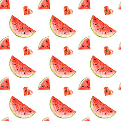 Seamless pattern of watercolor slices of watermelon on white  background.