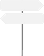 Various road, traffic signs. Highway signboard on a chrome metal pole. Blank white board with place for text. Information sign mockup. Vector illustration.