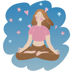 Young woman meditating in pose lotus. Vector concept illustration for yoga, meditation, relax, healthy lifestyle.