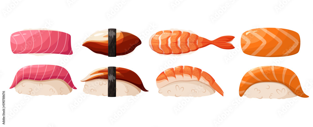 Wall mural A set of sushi nigiri on a white background. Japanese cuisine.
