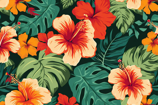 Hawaiian hibiscus flowers pattern, ideal for vibrant exotic backdrops