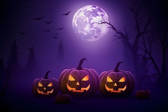 Halloween Pumpkins Under Moonlight, Purple Colors Background: AI Generated Image