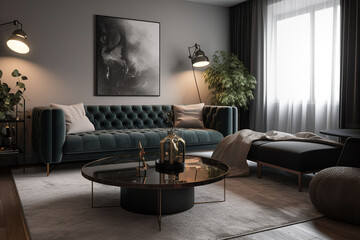 modern living room Comfortable and stylish sofa or armchair to complete your modern living room design. Consider materials like leather or velvet for a luxe feel, Generative AI	