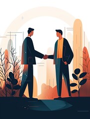 A person in a suit or business attire shaking hands with another person, signifying a business deal or agreement, flat illustration