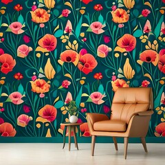 wallpaper design with flowers and chair