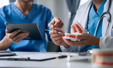 Fototapeta premium Dentist working tooth model at office in the morning at the desk dentistry and recommend patient at workplace concept.