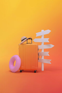 Arrow signpost, suitcase, hat and float on gradient orange sunset background. Guidepost vacation concept.