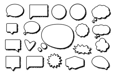 Comic Speech Bubble Set. Pen, pencil or marker handdrawn doodle scribble empty template for your text. Retro cartoon stickers (Full Vector)