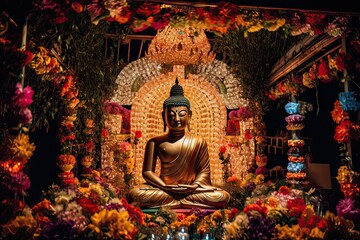 festive decoration around buddha at night, generative AI