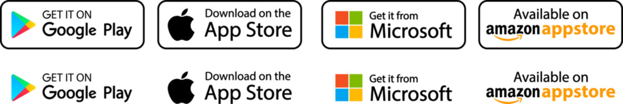 Google Play , App Store , Microsoft store,Amazon appstore logo.
