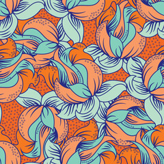 Tropical flower seamless vector texture pattern background. Overlapping perennial orange blue flowers dense backdrop. Arts and Crafts style painterly textural design. Cottagecore for summer