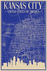 Colorful hand-drawn framed poster of the downtown KANSAS CITY, UNITED STATES OF AMERICA with highlighted vintage city skyline and lettering