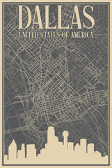 Colorful hand-drawn framed poster of the downtown DALLAS, UNITED STATES OF AMERICA with highlighted vintage city skyline and lettering