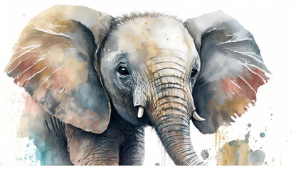 Elephant baby illustration with light watercolor on white background, minimalist animal painting, light watercolor artwork, unique wall décor, ai art. generative ai