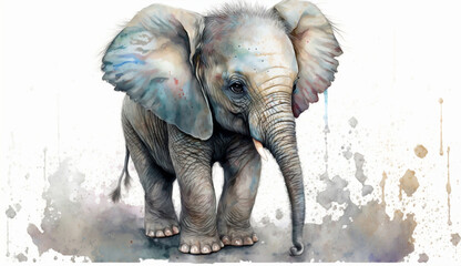 Fototapeta na wymiar Elephant baby illustration with light watercolor on white background, minimalist animal painting, light watercolor artwork, unique wall décor, ai art. generative ai