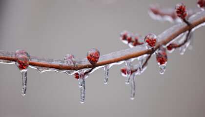 Tempête verglas et bourgeon sur branche couverte de glace 
 - obrazy, fototapety, plakaty