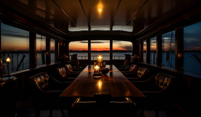A meeting hall or diner hall inside a ship or seaside building