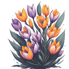Painted colorful watercolor crocuses flowers. AI generated illustration