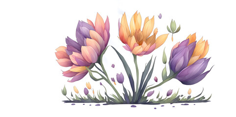 Painted colorful watercolor crocuses flowers. AI generated illustration