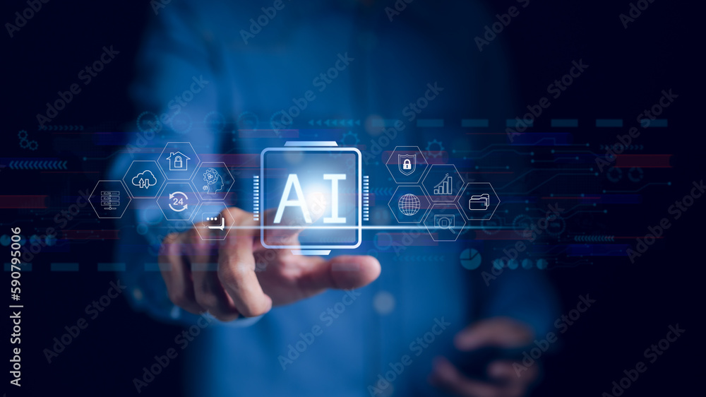 Poster ai, the concept of artificial intelligence use analytics, automation, and an autonomous brain. big d