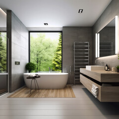 Beautiful elegant plain design of a bathroom. Light spacious room with a white bathtub at the big window. Generative AI.