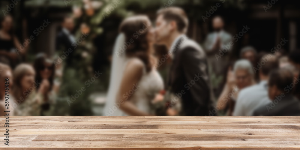 Poster empty wooden counter table top for product display with a wedding scene background. generative ai
