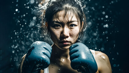 Japanese Boxer Girl is Boxing at Rainy Outdoor field, Wet her body with a cinematic mood and tone. generative AI