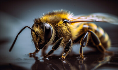 Beautiful honey insect with one antennae on the head. Macro shot of a bee sitting on wet surface. Generative AI.