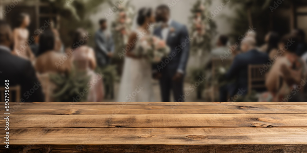 Poster empty wooden counter table top for product display with a wedding scene background. generative ai