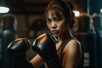 Cinematic mood of Asian Woman, Boxings in the gym. generative AI.