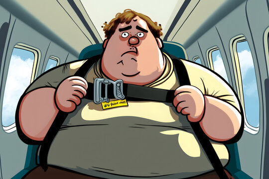 Problem of Fat obese Man passenger fastening Seat belt on airplane. Generation AI