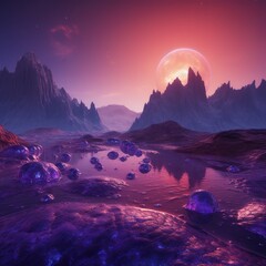 An undiscovered planet with a vibrant purple atmosphere, towering mountains and glittering crystal formations, Generative AI