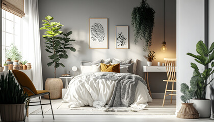 Bedroom interior Scandinavian style, Bed with abundance of flowers plants botanic, natural materials, large window. AI generation