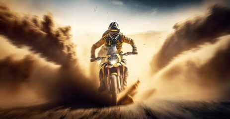 Banner Motocross sport extreme. Motocross rider in ride sand with dust, sunlight. Generation AI