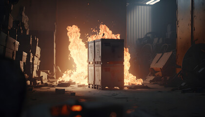 Logistics warehouse burning. Concept Fire incident insured event. Generation AI.
