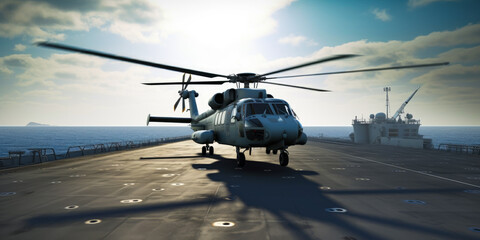 Fototapeta na wymiar Large helicopter standing on the empty board of military warship. Sea at backdrop. Generative AI.