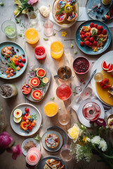 Fototapeta na wymiar Summer food table, fresh fruits and beverages, generated via AI