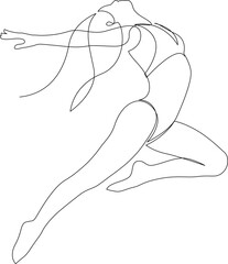 Obraz premium One single line drawing of young beauty dancer woman on jumping exercise. Choreographic move concept. Flight, passion modern continuous line draw design. Vector illustration.